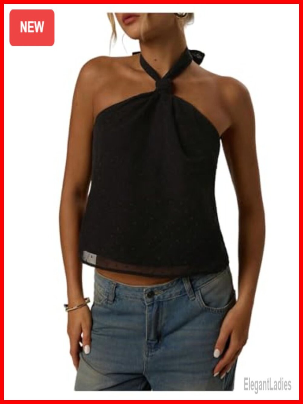 MakeMeChic Tie Back Halter Sheer Swiss Dots Going Out Top
